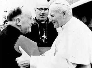 Monsegnor Horan welcoming Pope John Paul II to Knock, 1979, Also included is Archbishop Cunnane, Archbishop of Tuam from 1969 - 1987 and native of Knock.